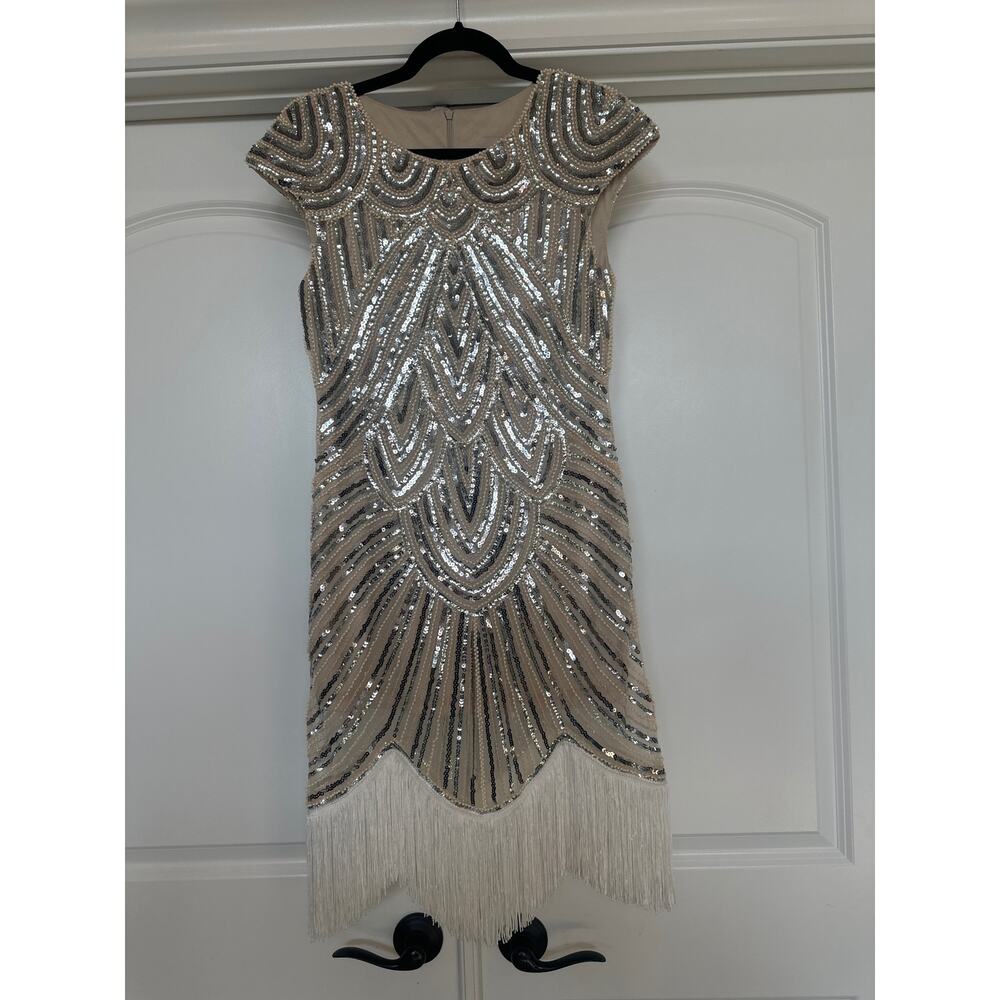 Vintage 20’s Silver and White Beaded and Sequins Flapper dress with Fringe - Picture 6 of 9
